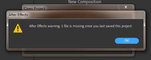 After Effects warning 1 file is missing since you last saved this project.jpg